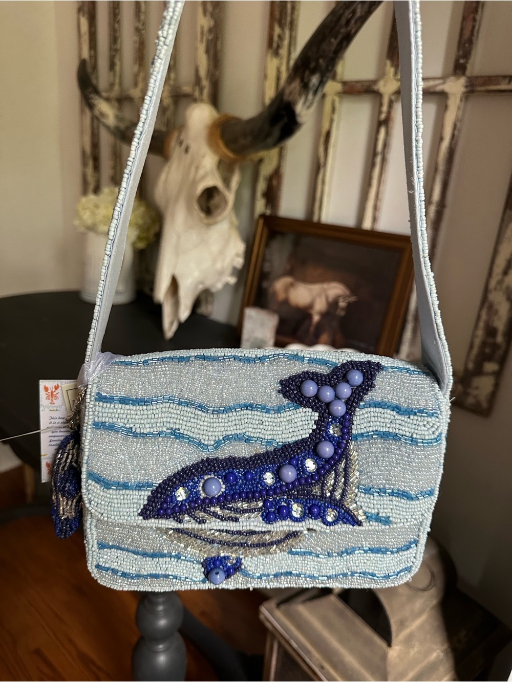 NWT Viral Handcrafted In India Blue Whale Beaded Bag with Charm ๐ ๐ ๐ - Picture 4 of 9